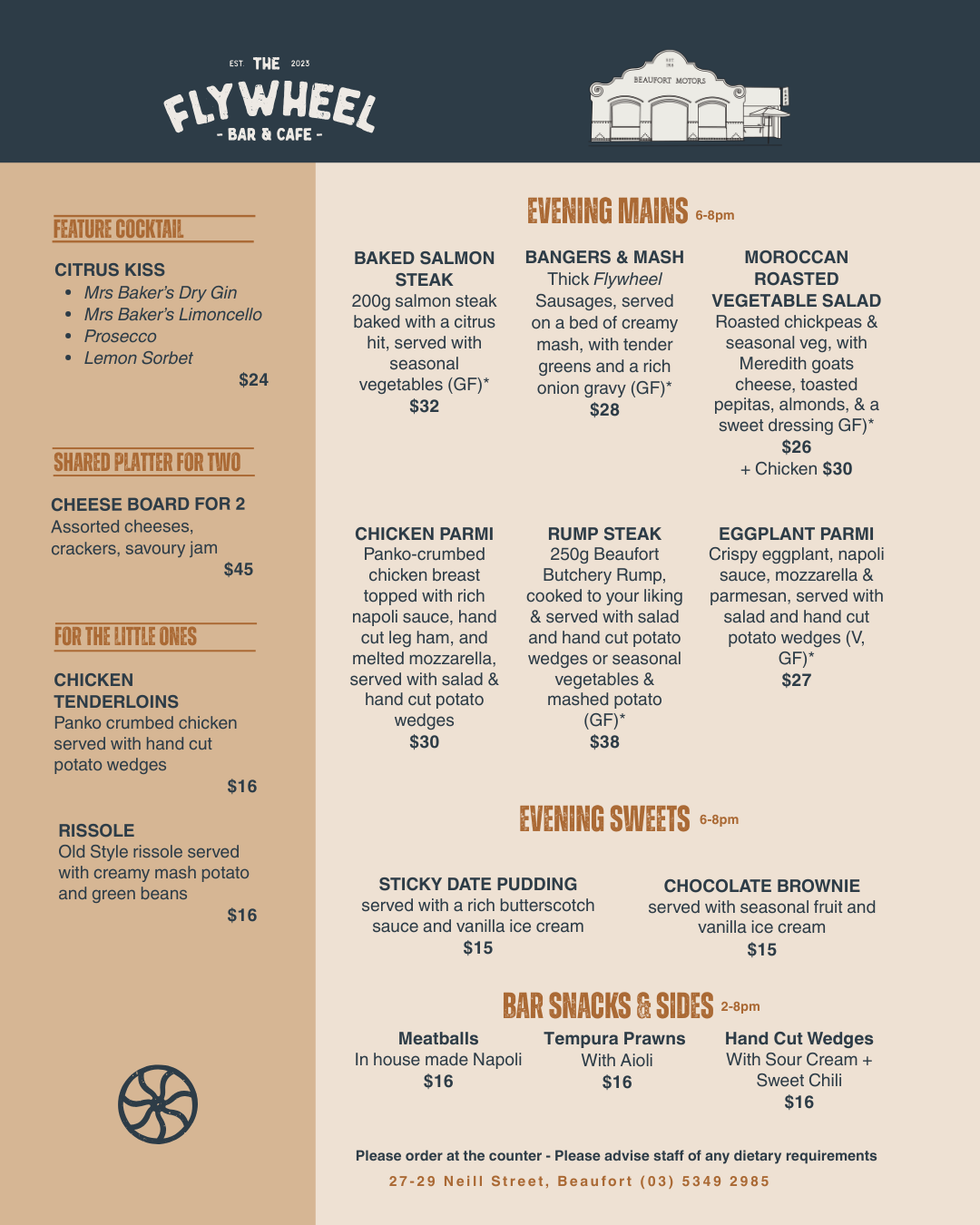 The Flywheel Evening Menu